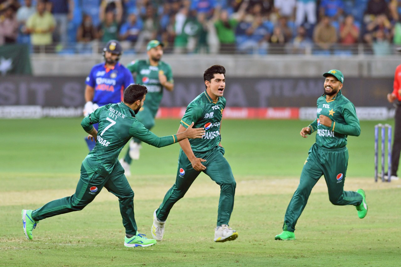 Pakistan's Naseem Shah celebrates the dismissal of India's KL Rahul