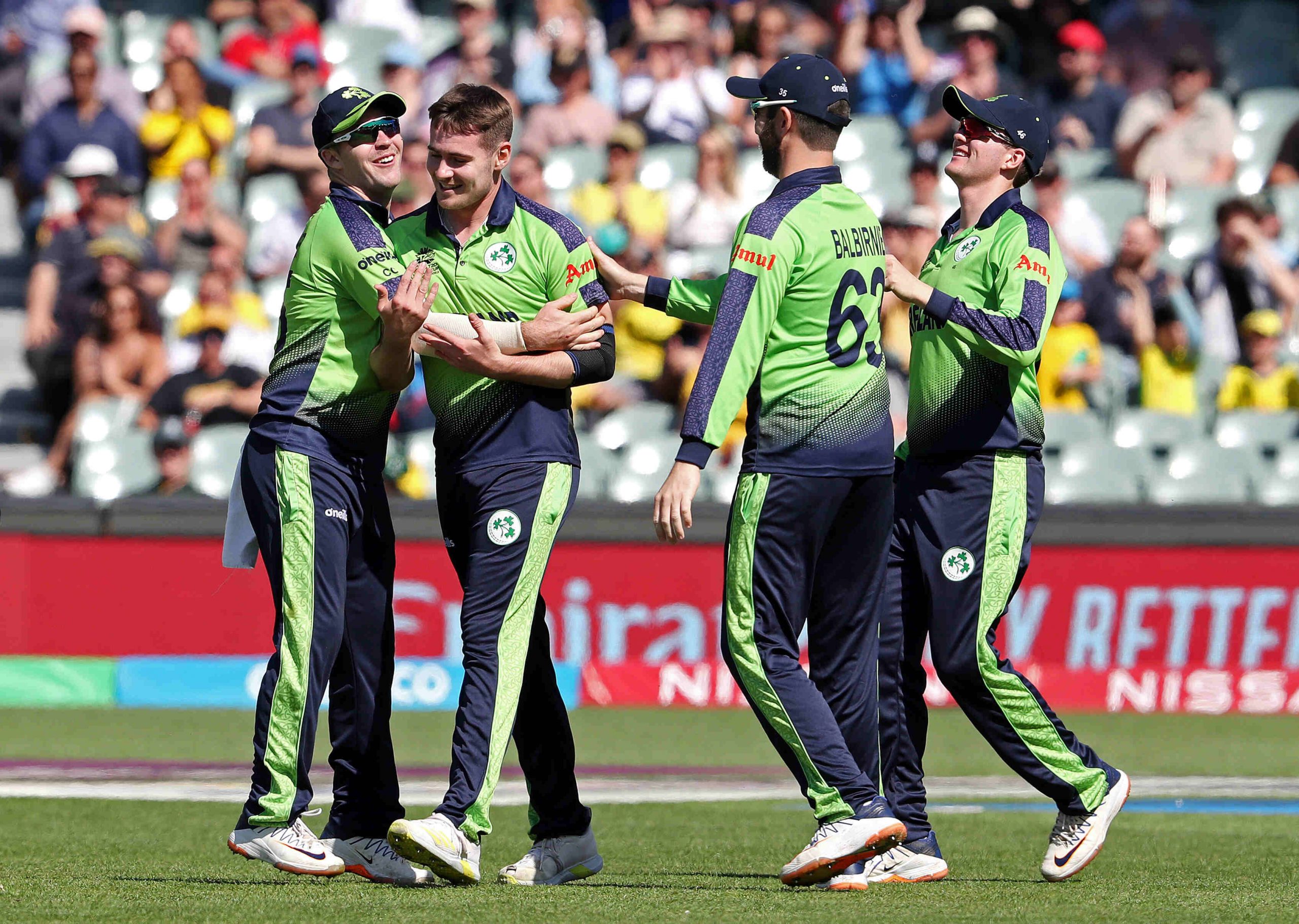 Ireland's Joshua Little celebrates the dismissal of New Zealand's James Neesham