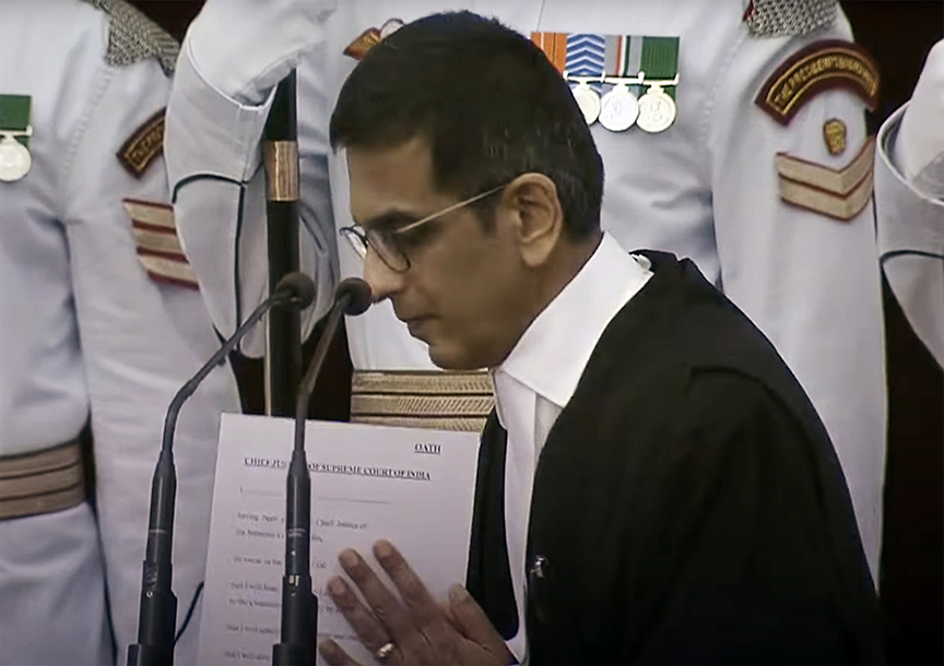 Dhananjaya Y Chandrachud greets after taking oath as the 50th Chief Justice of India