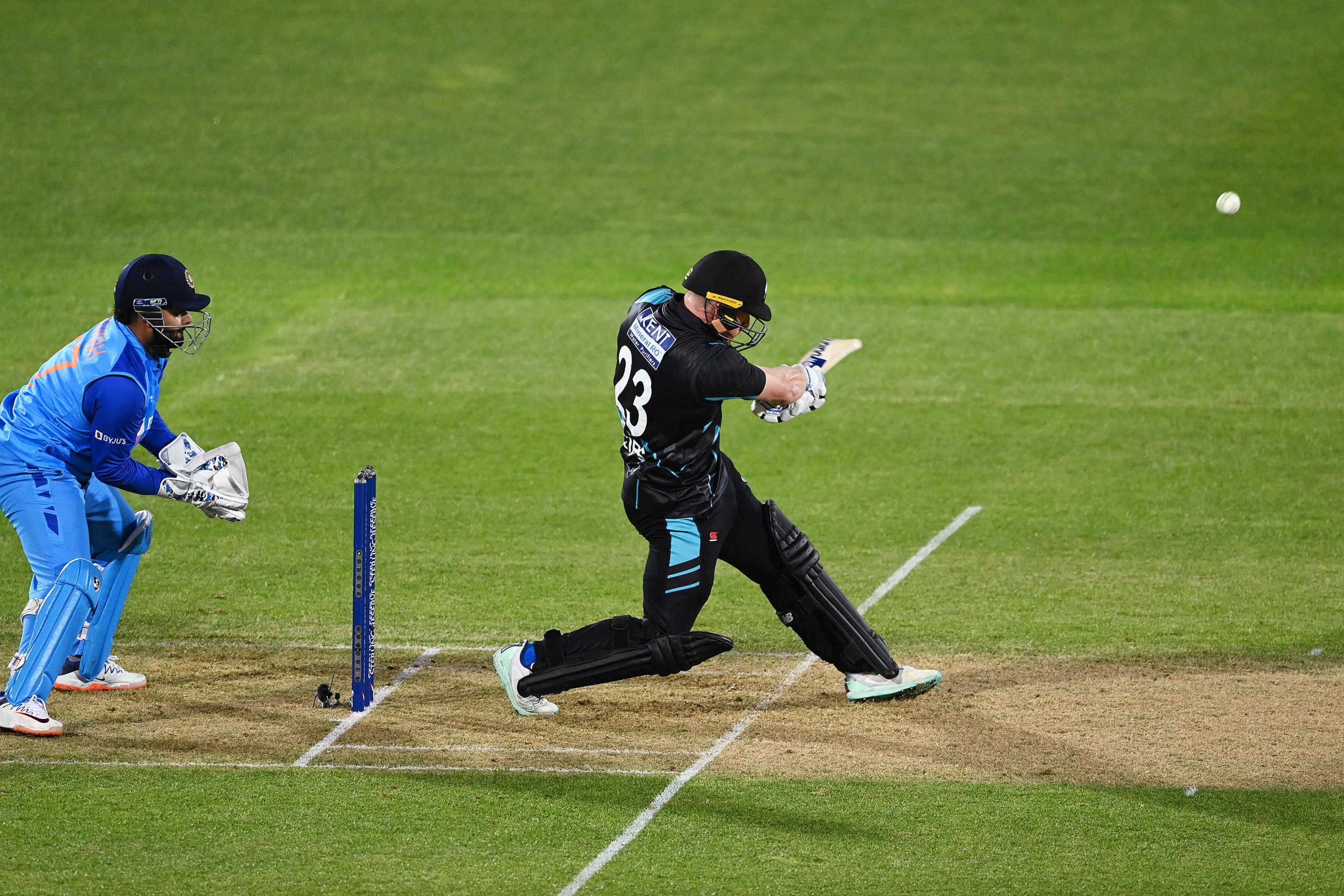 Glenn Phillips plays a shot during the 3rd T20I match against India