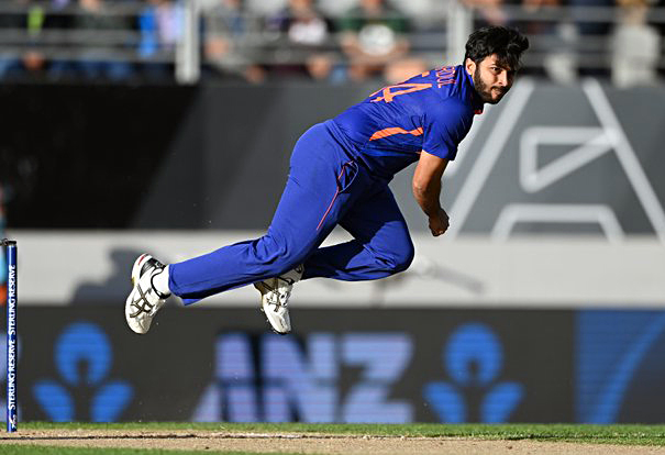 Shardul Thakur bowling during the 1st ODI match against New Zealand
