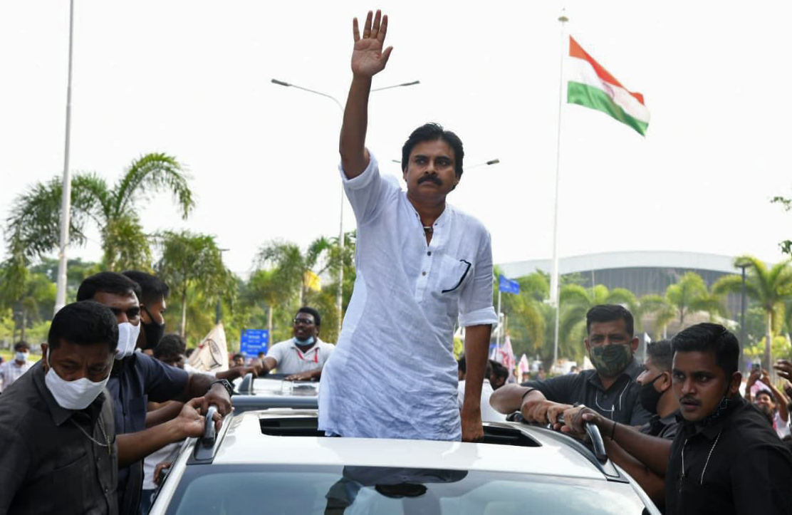 Jana Sena Party chief Pawan Kalyan takes out a rally in protest against the privatization of the plant
