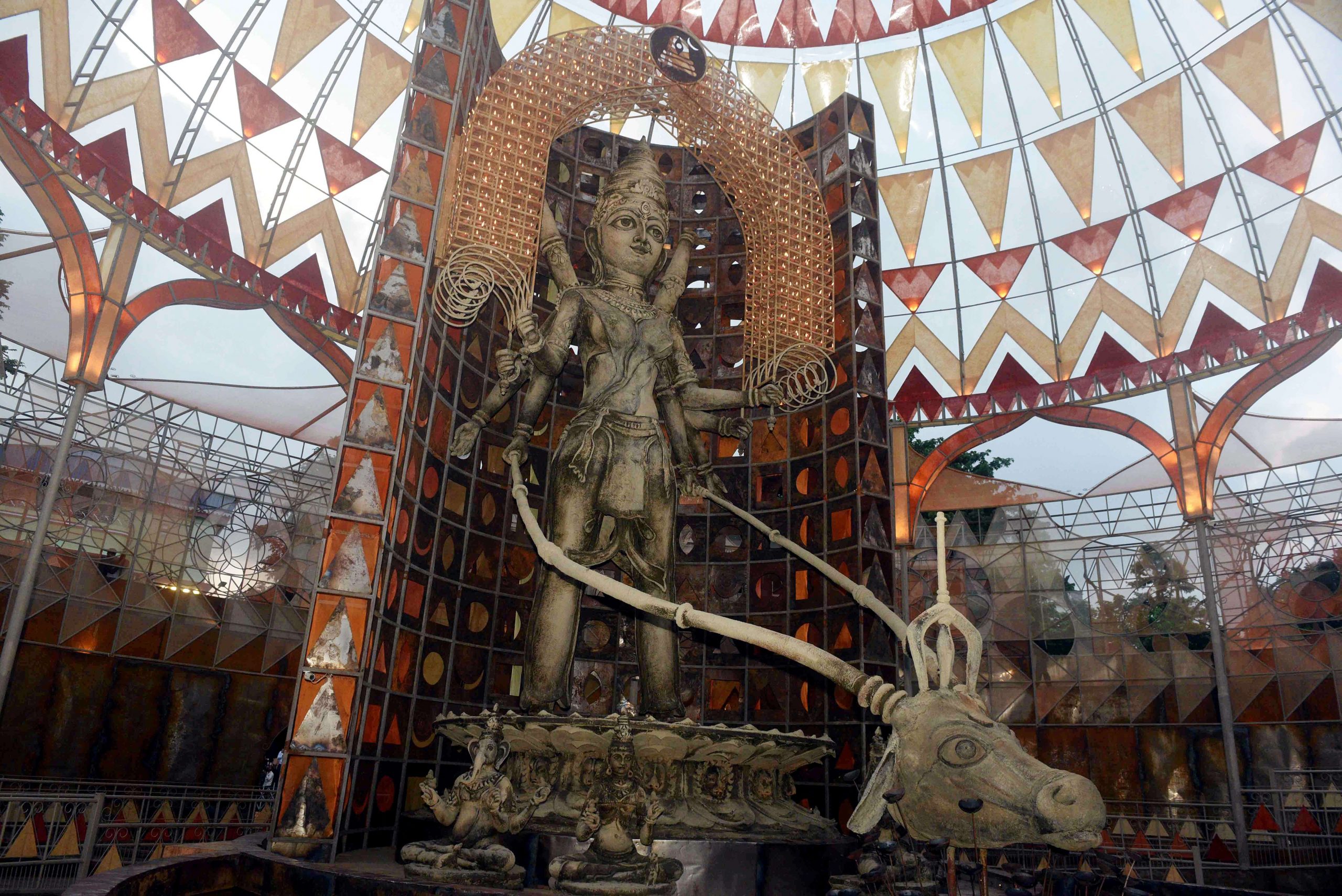 A giant structure of Goddess Durga inside a pandal-tinified