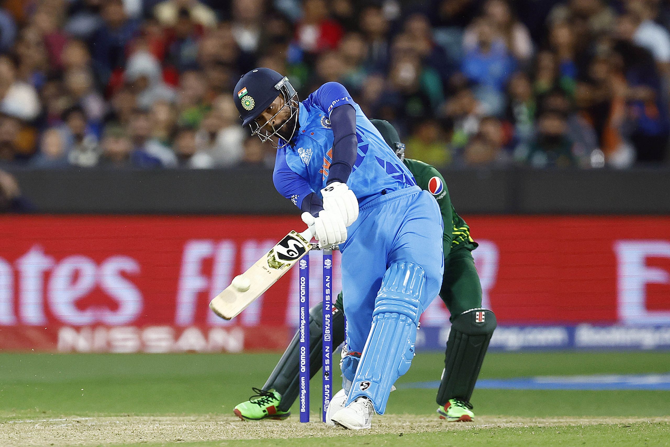 India's Hardik Pandya plays a shot