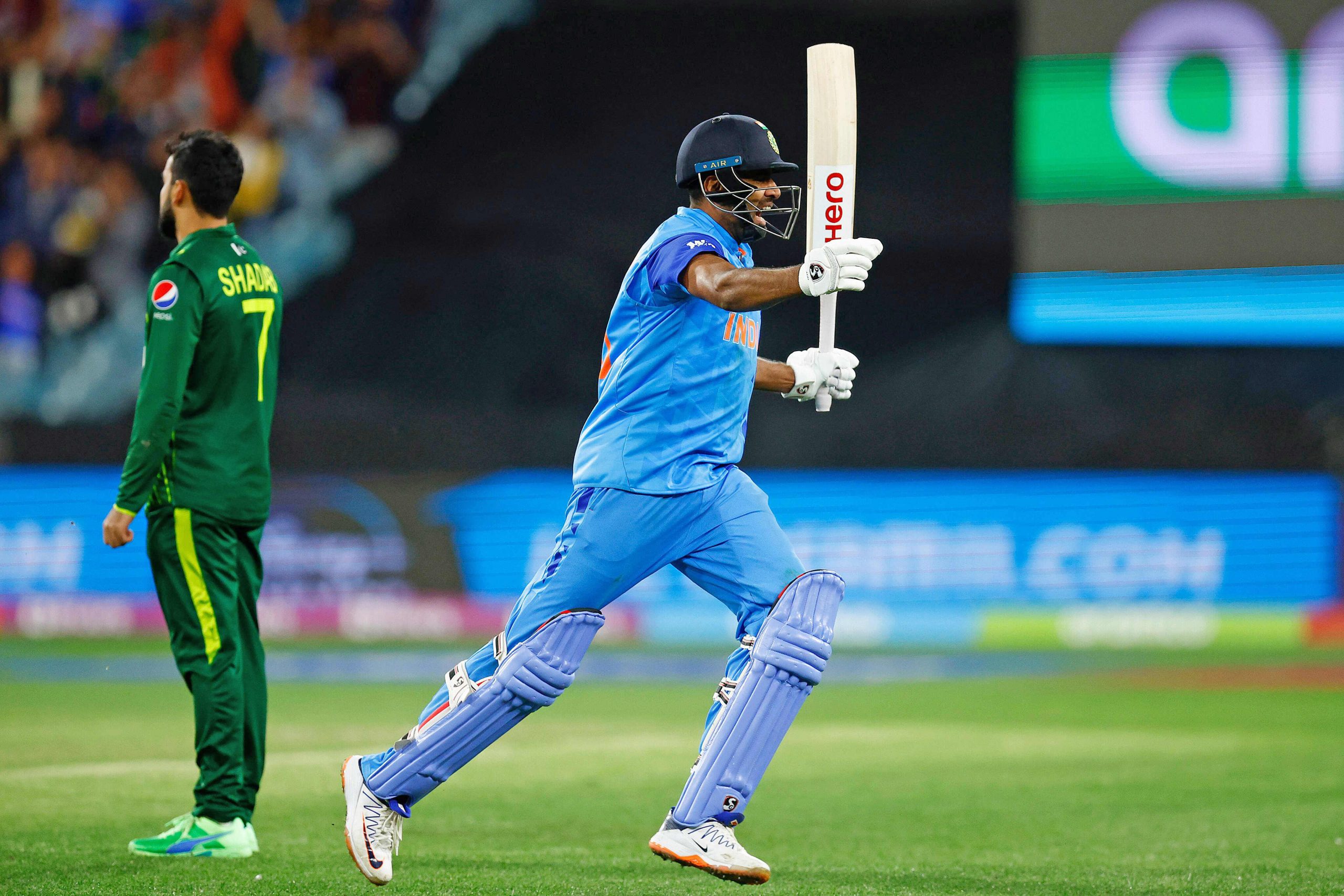 India's Ravichandran Ashwin celebrates after beating Pakistan by 4 wickets
