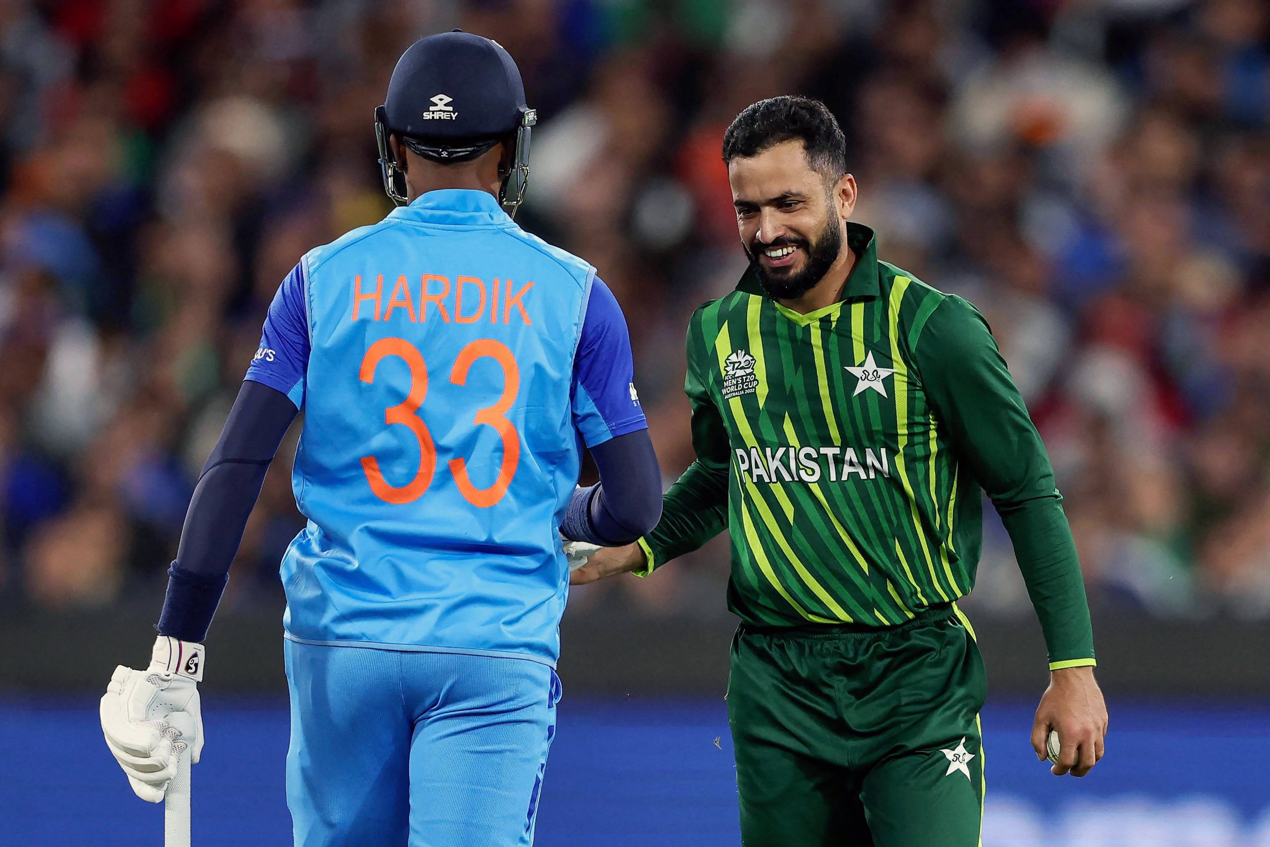Pakistan's Mohammad Nawaz celebrates the dismissal of India's Hardik Pandya