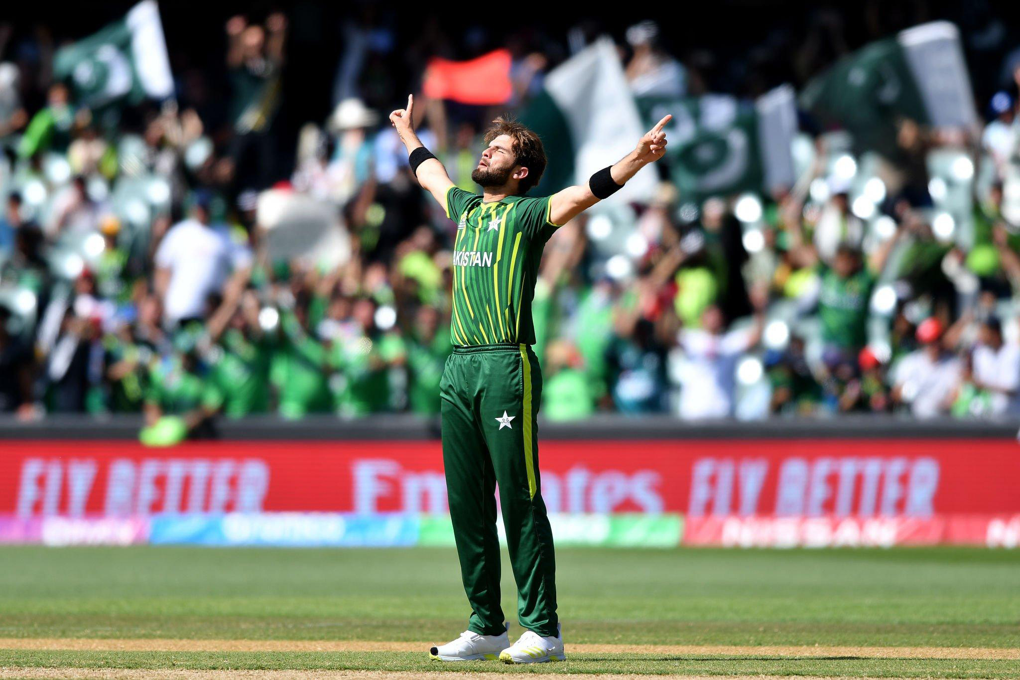 Pakistan's Shaheen Afridi celebrates the dismissal of Bangladesh's Taskin Ahmed